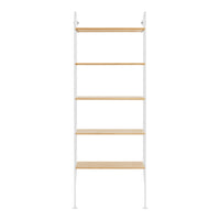 Neutral white metal frame with natural wood shelves in a simple, modern design. Perfect for any contemporary decor.