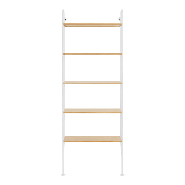 Neutral white metal frame with natural wood shelves in a simple, modern design. Perfect for any contemporary decor.