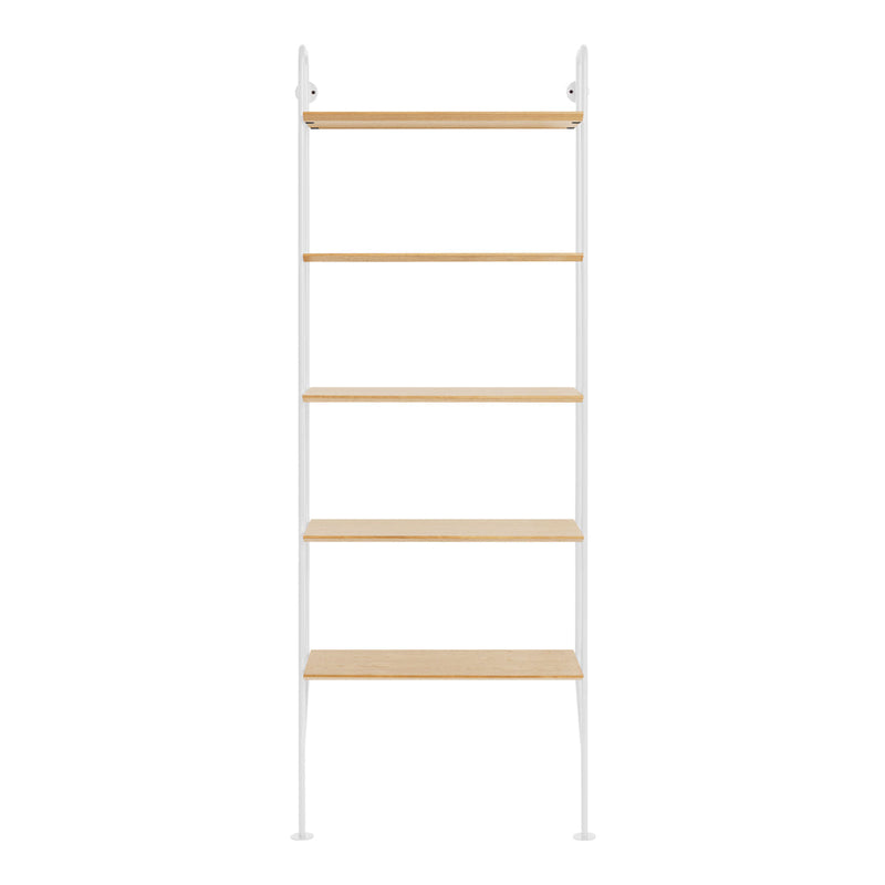 Neutral white metal frame with natural wood shelves in a simple, modern design. Perfect for any contemporary decor.