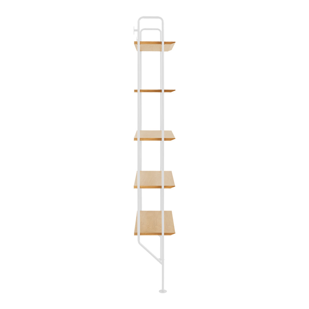 Sleek white metal frame with natural wood shelves, showcasing a minimalist design and functional elegance.