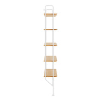 Sleek white metal frame with natural wood shelves, showcasing a minimalist design and functional elegance.