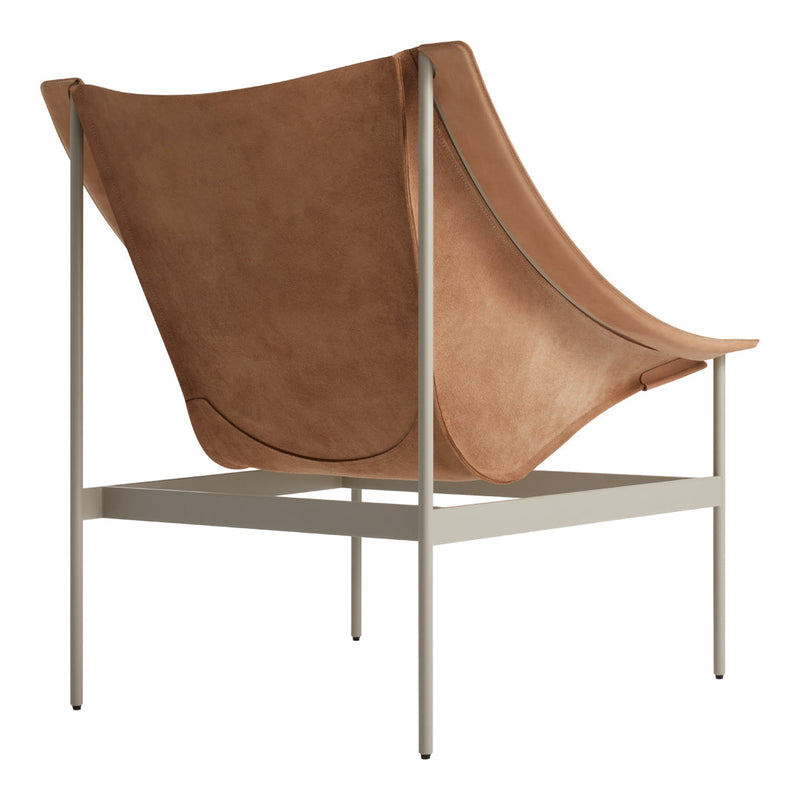 Brown suede chair with a minimalist cream metal frame, showcasing smooth texture and elegant curves.