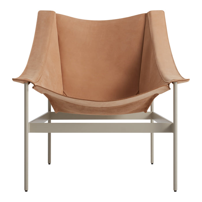 Tan suede chair with a minimalist design and light gray metal frame. Simple, elegant, and modern aesthetic.