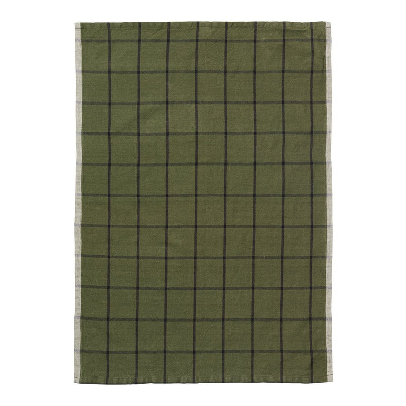 Olive green tablecloth with a black grid pattern and fringed edges. Perfect for rustic dining settings.