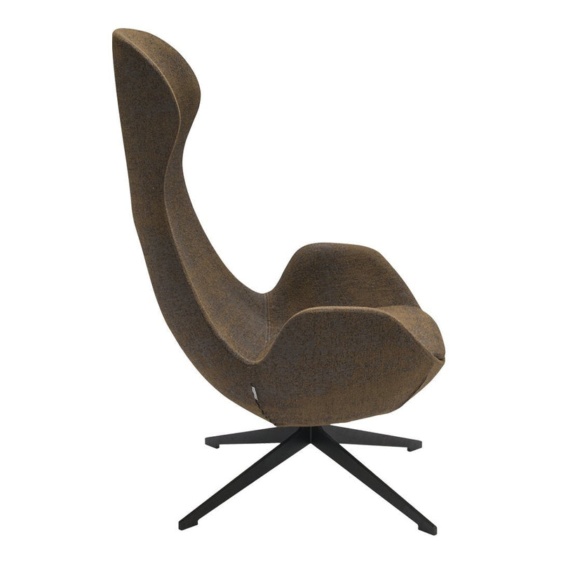 Brown upholstered chair with a sleek, modern design and unique curved shape on a black metal base.