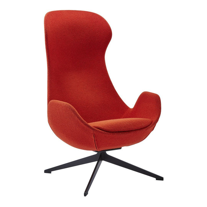 Vibrant orange upholstered chair with a modern design and sleek black base, perfect for stylish interiors.