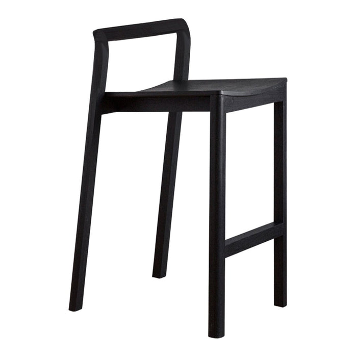 Sleek black bar stool with minimalistic design and smooth matte finish, perfect for modern kitchens or bars.