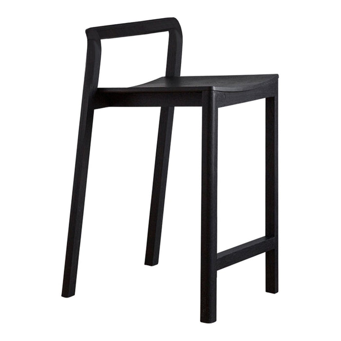 Black modern bar stool with sleek lines and minimalist design, perfect for contemporary spaces.