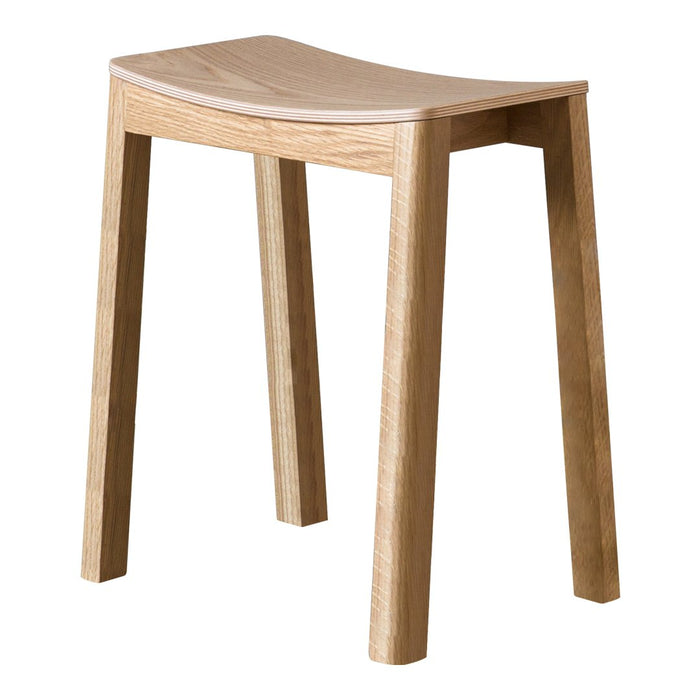 Natural light wood stool with a smooth grain, featuring a minimalist design and curved seat for added comfort.