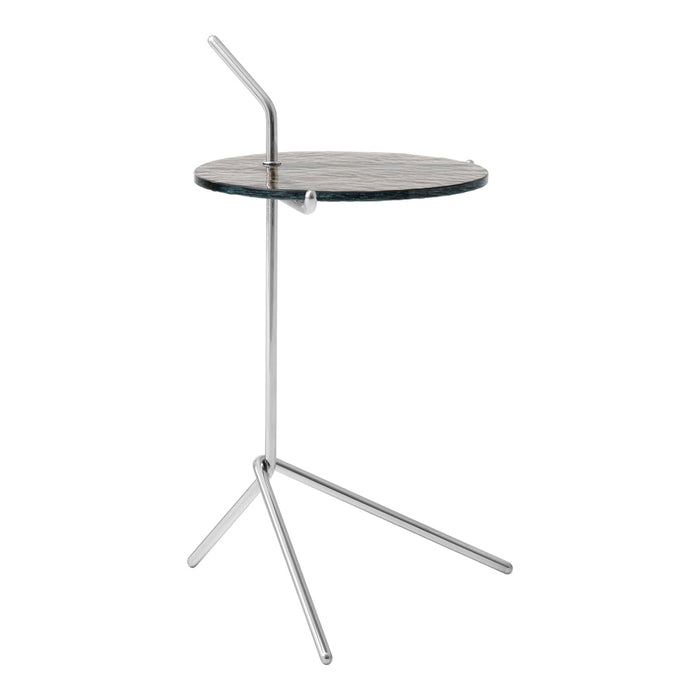 Modern round side table with a sleek glass top and a minimalist chrome tripod base. Elegant design, versatile colors.