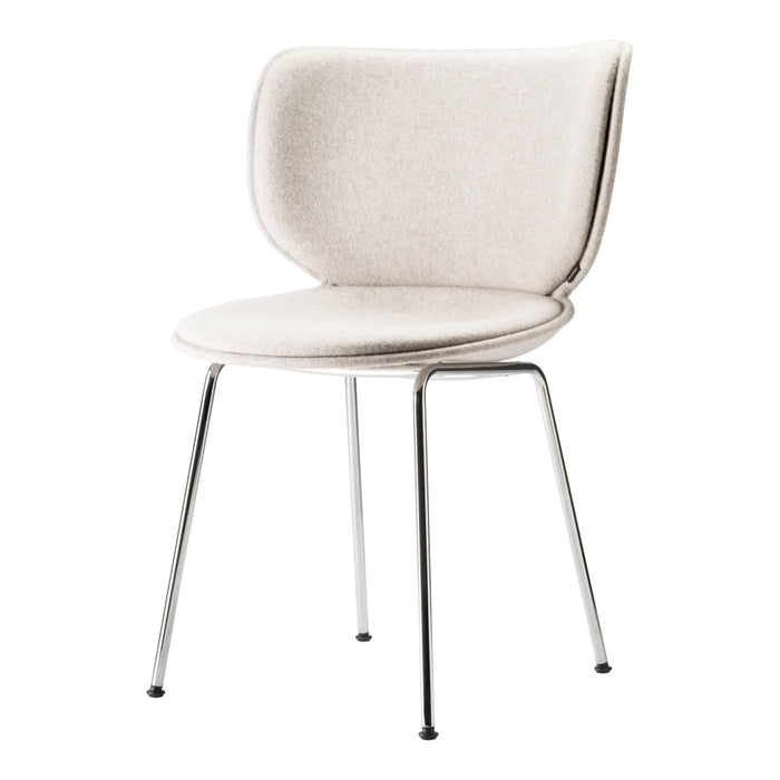 Light beige upholstered chair with smooth curves and sleek chrome legs, perfect for modern decor.