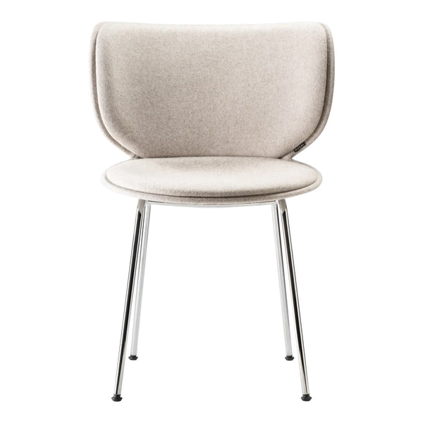 Light beige upholstered chair with a smooth, rounded back and sleek chrome legs. Minimalist design with soft textures.
