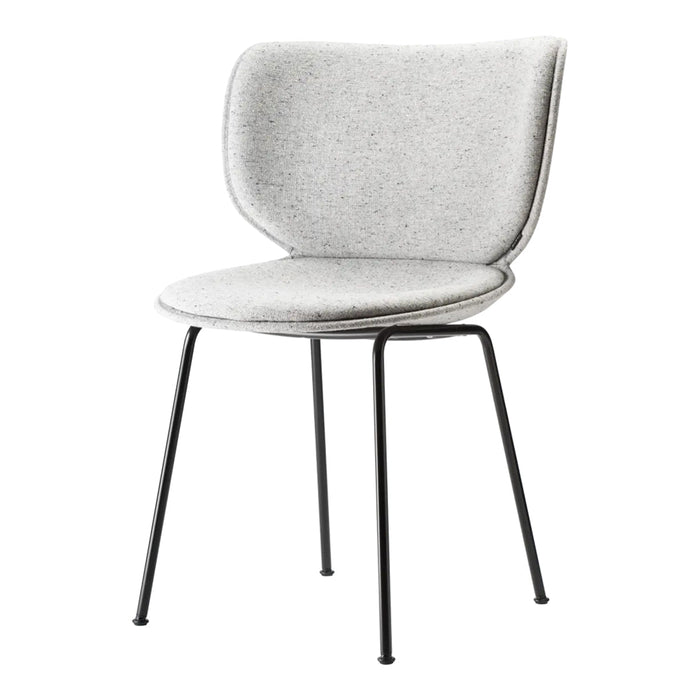 Grey upholstered chair with a smooth texture and minimalist design, featuring sleek black metal legs.