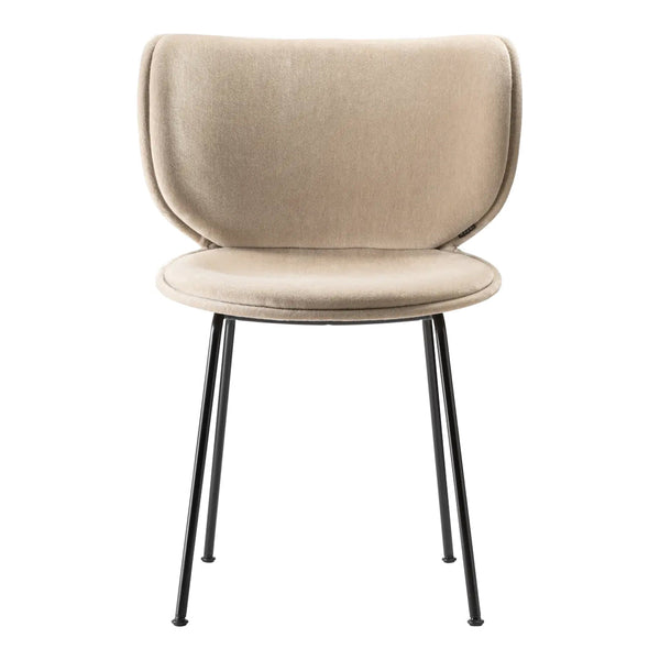 Beige upholstered chair with smooth, rounded lines and black metal legs, offering a modern, minimalist design.