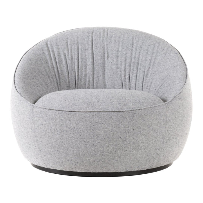 Light gray upholstered round chair with subtle texture and pleated detailing. Modern, minimalist design suitable for various decors.