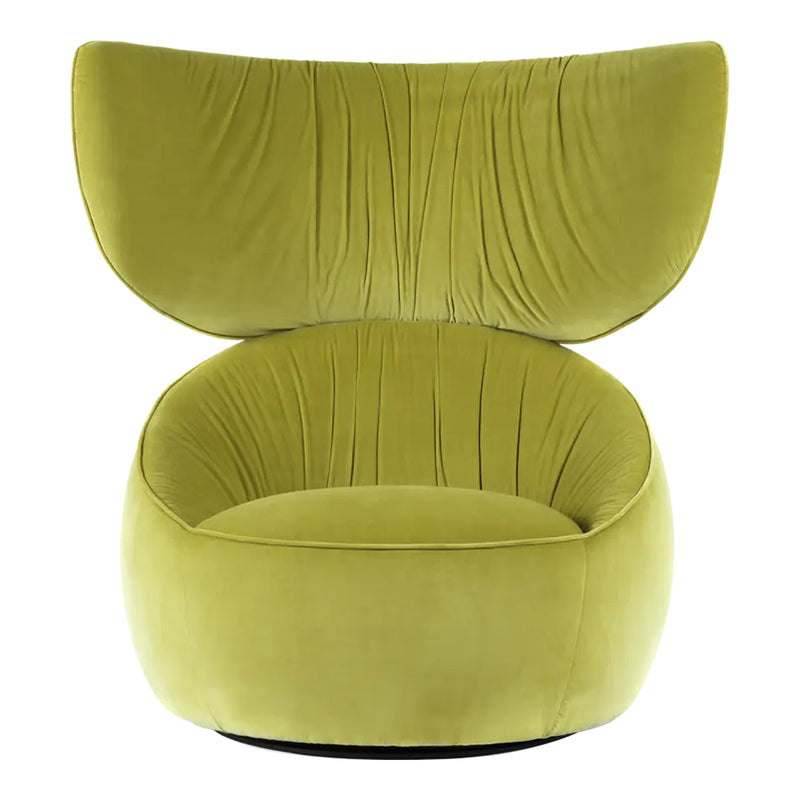 Vibrant olive green upholstered chair with sleek, modern lines and distinct, soft folds in fabric.