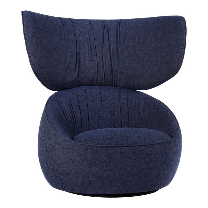 Stylish navy blue lounge chair with soft, curved upholstery and subtle vertical stitching pattern.