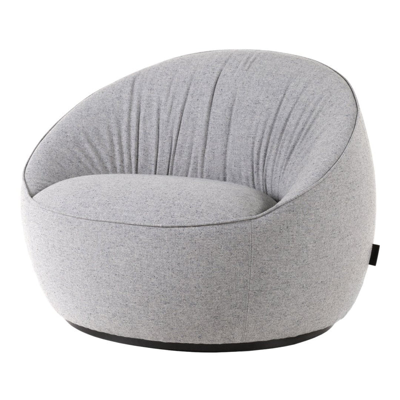 Light gray upholstered swivel chair with soft, vertical ribbed pattern and rounded design, ideal for modern spaces.