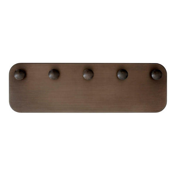Bronze wall hook rack with four round knobs and a sleek, minimalist design. Perfect for modern decor.