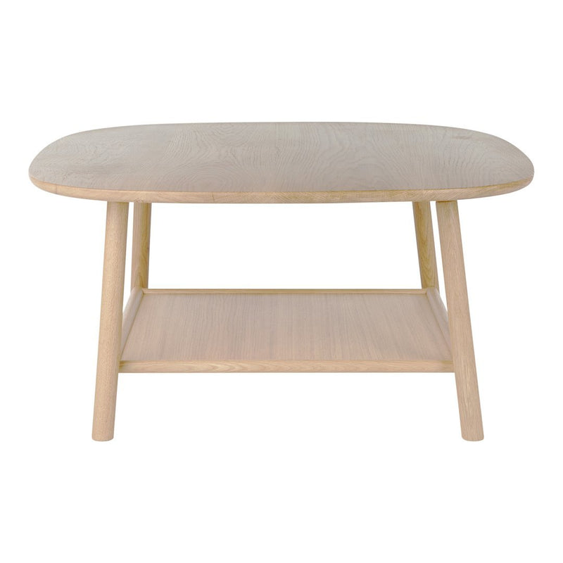Light wood coffee table with a smooth, natural finish and minimalist design, featuring an oval top and shelf.