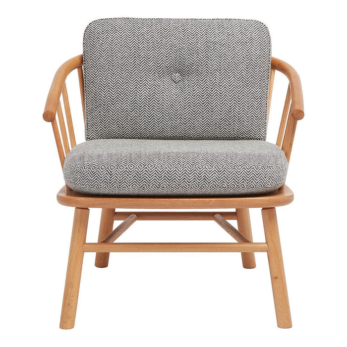 Gray textured upholstery with light wood frame in a modern chair design. Stylish and contemporary seating option.
