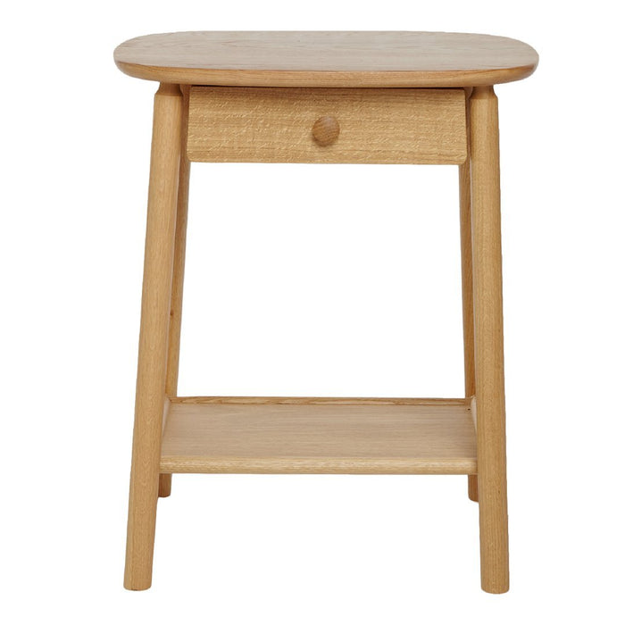 Natural light wood nightstand with a smooth surface, rounded top, and textured drawer for a minimalist look.