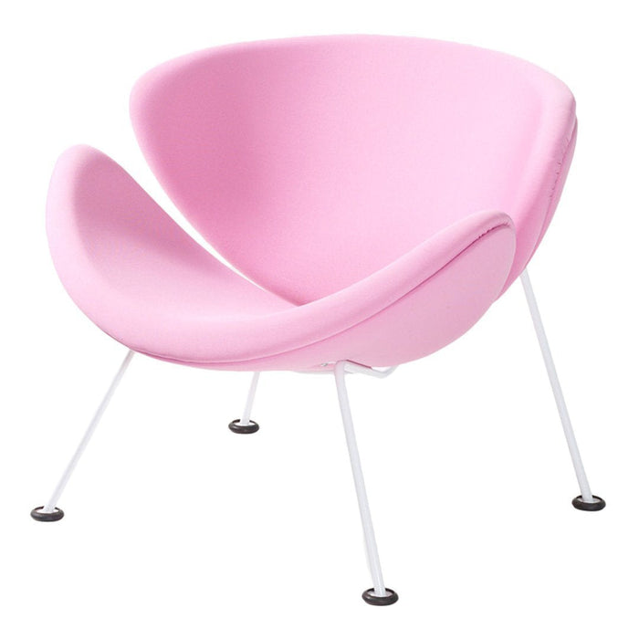 Pink upholstered chair with a unique curved design and white metal legs, perfect for modern decor.
