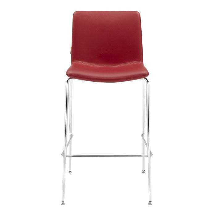Red contemporary bar stool with smooth surface and chrome legs, perfect for modern dining spaces.