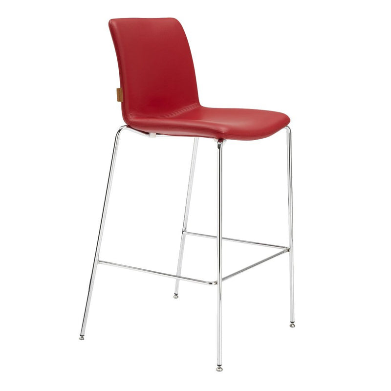Sleek red bar stool with a minimalist design and chrome legs, perfect for modern interiors.