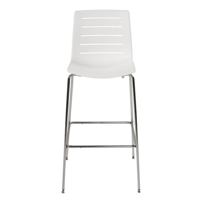 White bar stool with a sleek slotted design and chrome legs, perfect for modern decor.