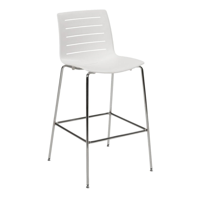 White bar stool with a slatted backrest and chrome legs, featuring a minimalist design for modern decor.