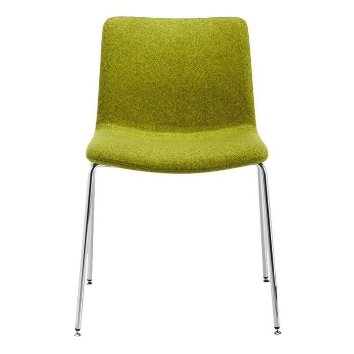 Green textured chair with sleek chrome legs, featuring a smooth, minimalist design. Perfect for modern decor.