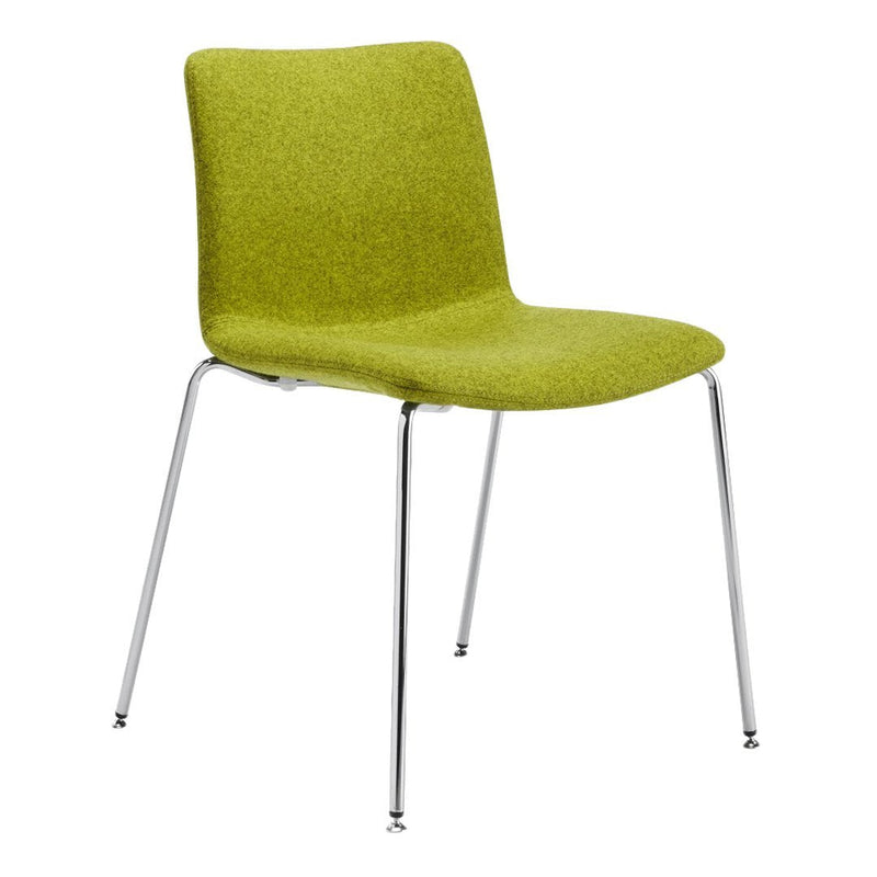 Lime green upholstered chair with a sleek chrome frame, featuring a modern, minimalist design.