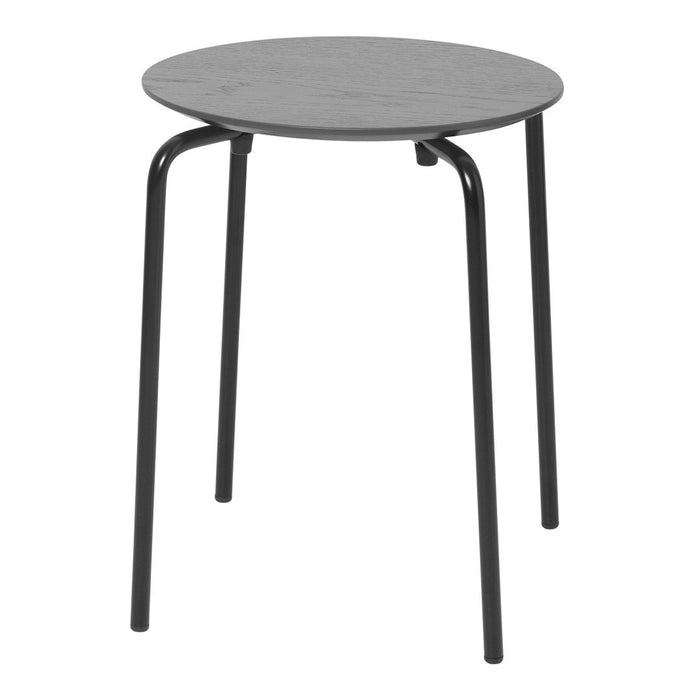 Gray circular tabletop with a smooth finish, supported by sleek black legs for a modern look.