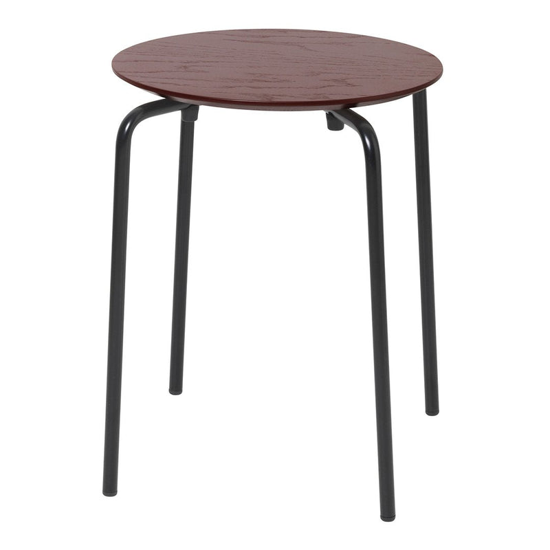Round brown wood tabletop with a smooth surface, supported by sleek black metal legs. Perfect for modern decor.