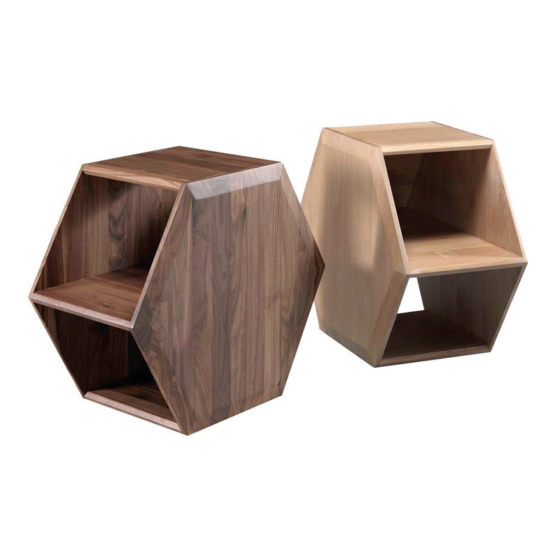 Hexagonal wooden side tables in walnut and light wood finishes, showcasing natural grain patterns.