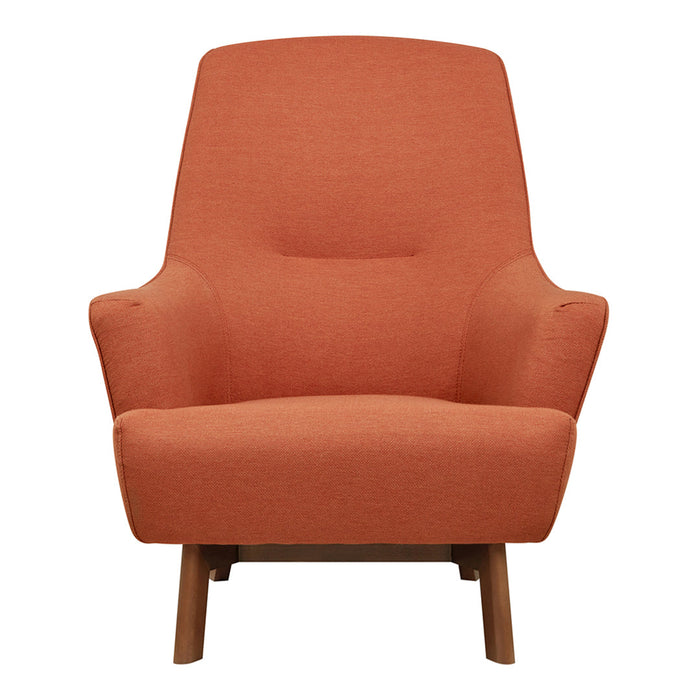 "Orange upholstered chair with a smooth texture and minimalist design, featuring wooden legs."