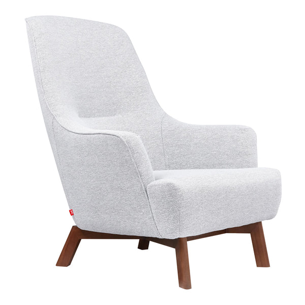 Stylish gray fabric armchair with clean lines and a minimalist design, featuring wooden legs for a modern touch.