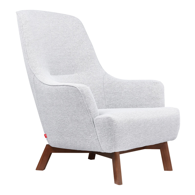 Stylish gray fabric armchair with clean lines and a minimalist design, featuring wooden legs for a modern touch.