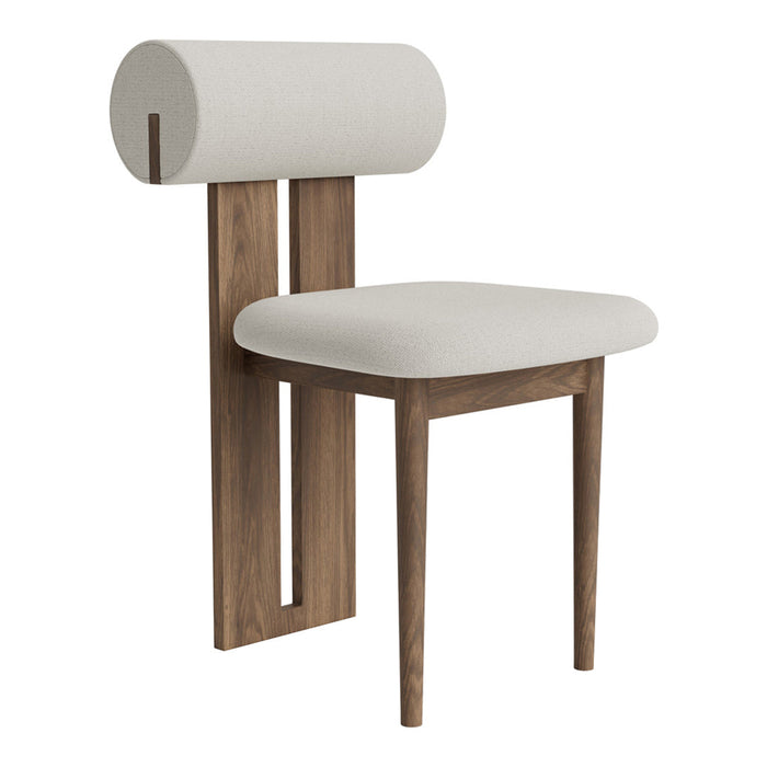 Minimalist beige chair with a round backrest and wooden legs, featuring a smooth, neutral fabric upholstery.