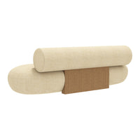 Beige plush couch with rounded shapes and a natural wood accent, creating a soft, minimalistic aesthetic.