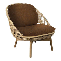 Brown woven cushion on a rattan chair, featuring a natural wood frame and textured cushion pattern.