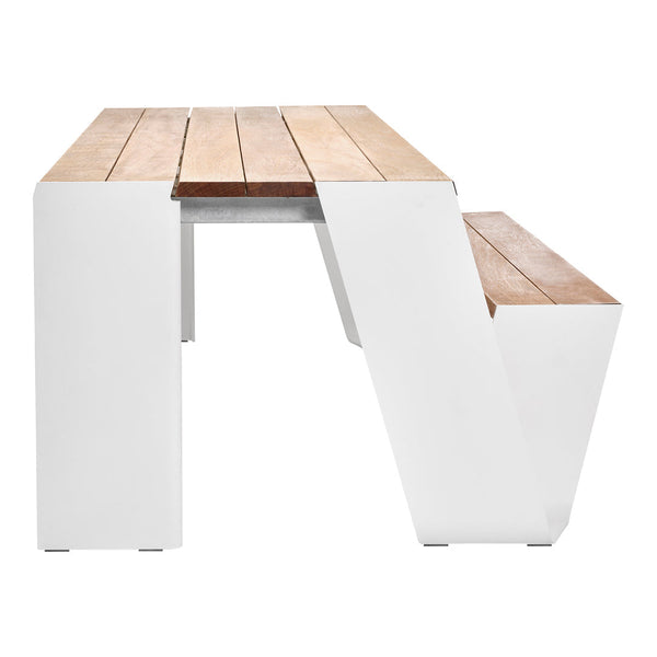 Modern picnic table with a sleek white base and natural wood slats, featuring clean lines and a minimalist design.