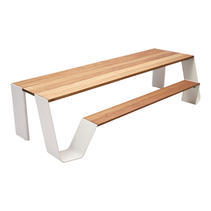 Modern wood and white metal dining table with a sleek design and natural wood grain pattern. Perfect for contemporary spaces.