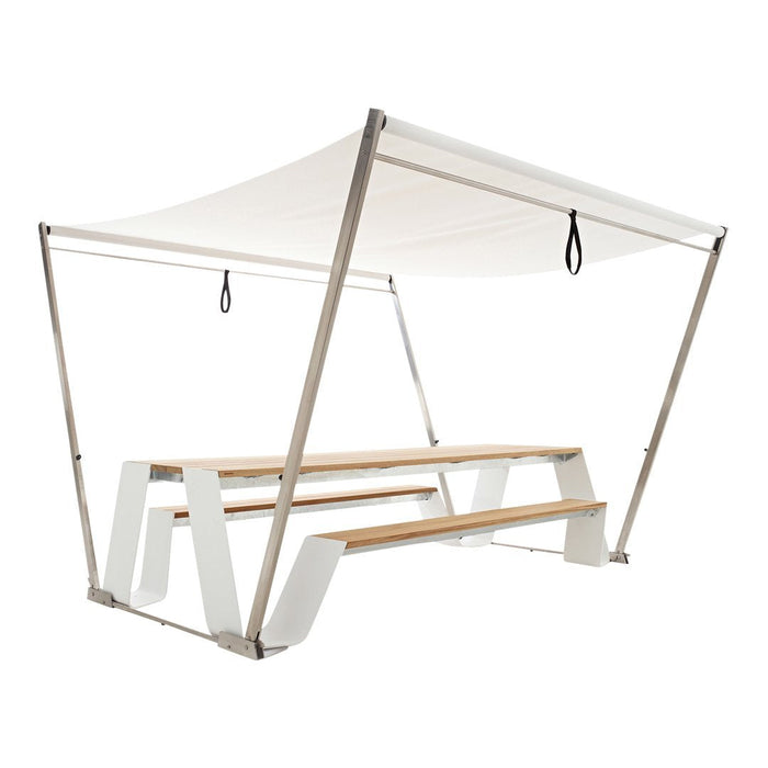 White canopy over a modern, minimalist picnic table with natural wood accents and sleek metal frame.