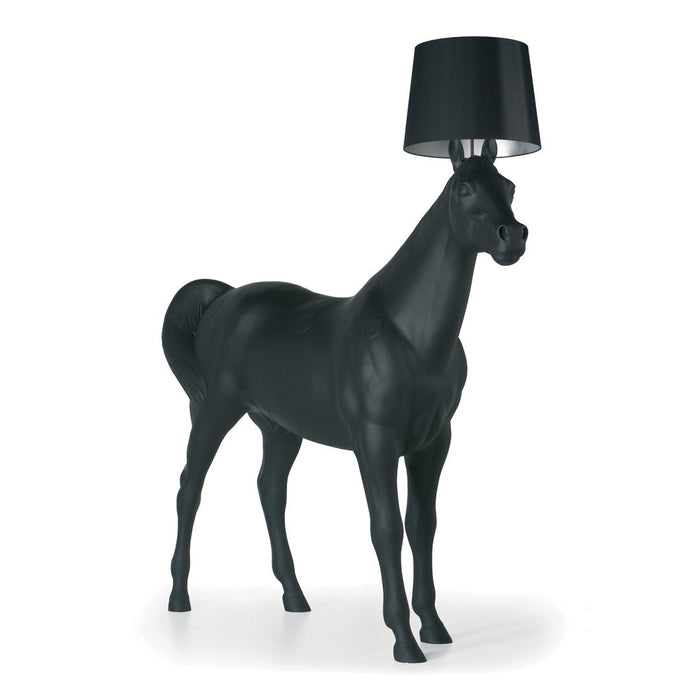 Black horse-shaped lamp with a sleek black shade, featuring a minimalist design and smooth surface texture.
