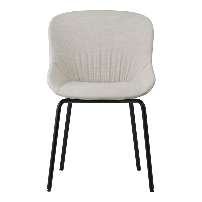 Beige upholstered chair with ribbed texture and sleek black metal legs. Stylish and versatile for modern decor.