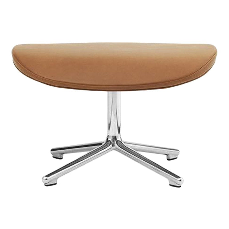 Brown leather ottoman with a sleek chrome base, featuring a smooth, modern design.