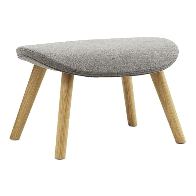 Gray upholstered ottoman with natural wooden legs, featuring a smooth, minimalist design. Perfect for modern decor.