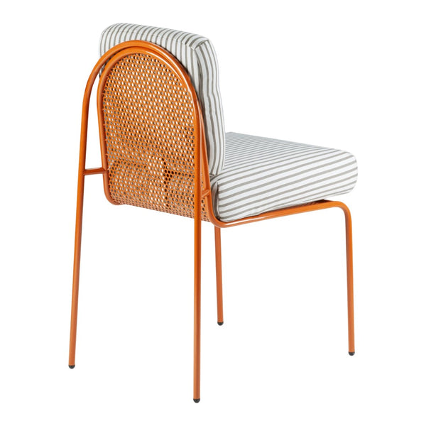 Orange metal chair with a woven back and white stripes on a cushioned seat. Modern design with playful colors.
